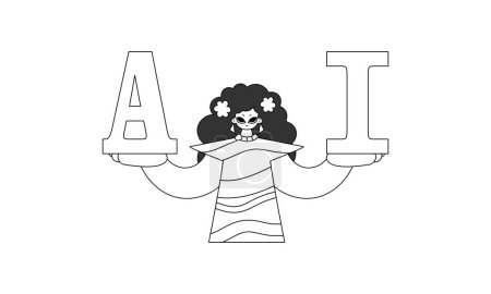 She holds AIletters, symbolizing AI theme, in vector linear style