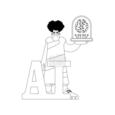 Illustration for Girl holds AI illustration, vector linear design - Royalty Free Image