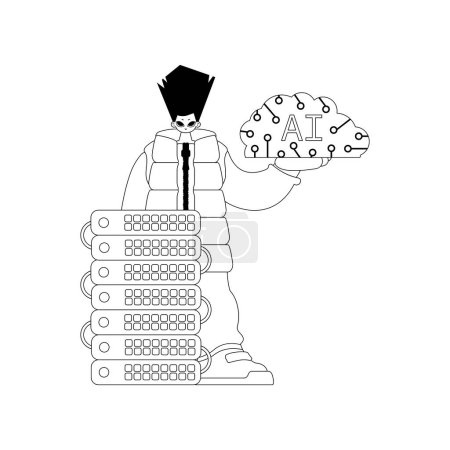 Illustration for AI guy and server in linear vector style with AI theme - Royalty Free Image