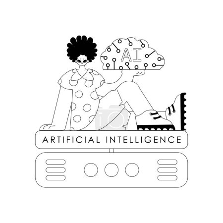 Illustration for AI man and server in vector linear style, based around artificial intelligence theme - Royalty Free Image