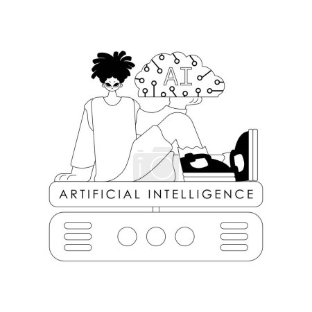 Illustration for AI man on a server, AI themed, linear vector style - Royalty Free Image