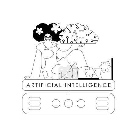 Illustration pour Serveur fille et IA, dans un style vectoriel linéaire illustrant le thème de l'intelligence artificielle - image libre de droit