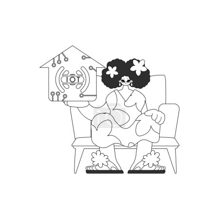Illustration pour Fille avec internet des objets logo au format linéaire vectoriel - image libre de droit