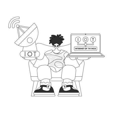 Illustration for Person holds antenna and laptop to work with IoT data, linear vector design - Royalty Free Image
