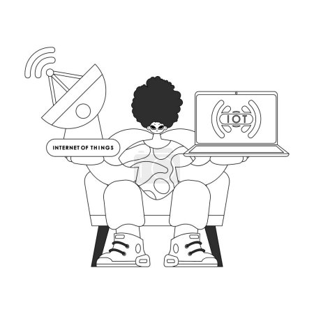 Illustration for He is toting an antenna and laptop to handle IoT data, vector linear design - Royalty Free Image
