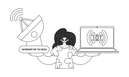 Illustration for Woman using antenna and laptop to collect information from Internet of Things, in a vector linear illustration - Royalty Free Image