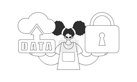Téléchargez les illustrations : Fille détient un logo de stockage en nuage façonné dans un style linéaire vectoriel, symbolisant l'Internet des objets - en licence libre de droit