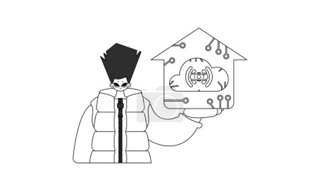 Ilustración de Hombre agarrando un emblema de IoT, representado en un diseño lineal simplificado - Imagen libre de derechos