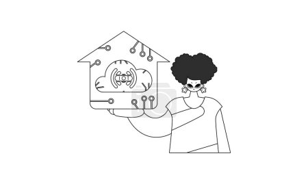 Ilustración de Estilo lineal vectorial de una chica que sostiene un logotipo de Internet de las Cosas - Imagen libre de derechos