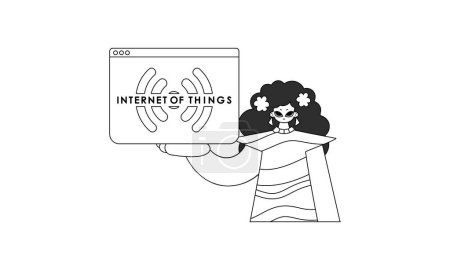 Illustration for Girl holds IoT logo in vector linear fashion - Royalty Free Image
