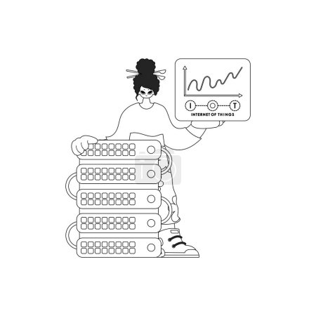Ilustración de Chica, conectada a un servidor de almacenamiento en la nube, en un estilo lineal vectorial para el Internet de las Cosas - Imagen libre de derechos