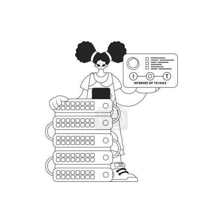 Illustration pour Fille connectée au serveur cloud en utilisant l'Internet des objets, dans un style linéaire vectoriel - image libre de droit