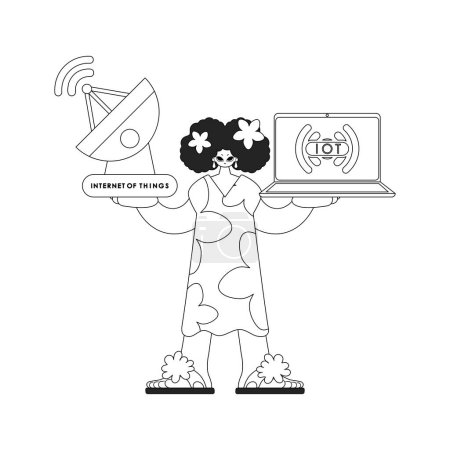 Ilustración de Mujer con portátil y antena usando datos de IoT, en estilo de vector lineal - Imagen libre de derechos