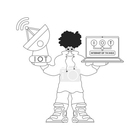 Illustration for Guy holds antenna, laptop to work with IoT data in vector linear style - Royalty Free Image
