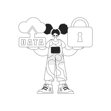 Téléchargez les illustrations : Fille détient le logo pour l'Internet des objets basé sur le nuage, style line art - en licence libre de droit