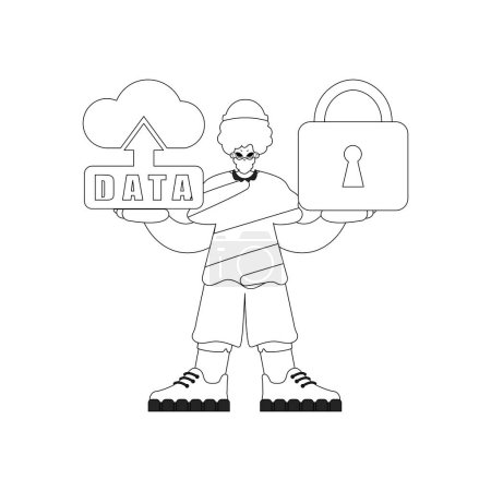 Téléchargez les illustrations : Un homme saisissant un logo de stockage en nuage, dans un style linéaire vectoriel, pour l'Internet des objets - en licence libre de droit