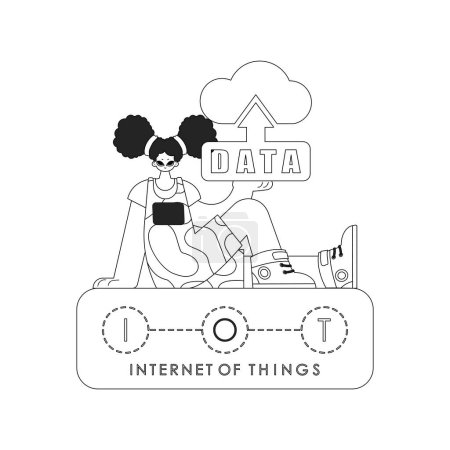 Girl holds cloud storage logo for IoT, drawn linearly in vector style
