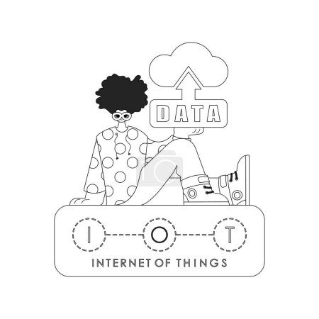 Illustration for Guy displaying logo of cloud storage for IoT, in linear vector illustration - Royalty Free Image