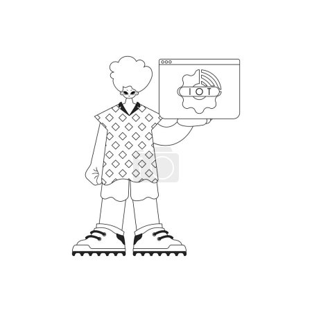 Ilustración de Hombre agarrando el logotipo de IoT, en el arte de la línea vectorial - Imagen libre de derechos