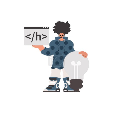 Illustration for The individual is holding a browser window with a programming picture, and to boot standing near a colossal light bulb. Compelled on white establishment. Trendy style, Vector Illustration - Royalty Free Image