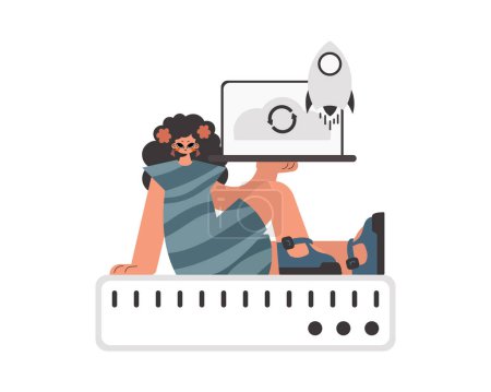 Ilustración de La mujer animada está sosteniendo una estación de trabajo acomodaticia, que se sincroniza con la capacidad de datos. Conservado. Estilo de moda, Ilustración vectorial - Imagen libre de derechos