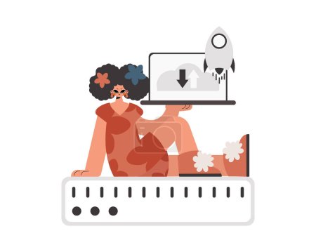 The flooding lady is holding a obliging workstation, which is synchronized with the information capacity. Kept. Trendy style, Vector Illustration