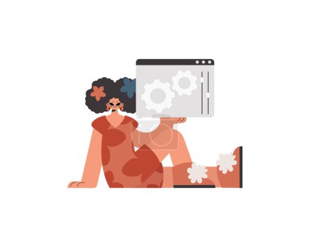 The energized lady is holding a browser window with gears. SEO and web investigating subject. Restricted. Trendy style, Vector Illustration