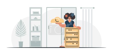 Synchronization and security of information capacity concept. The energized lady is holding a information cloud and a server. Trendy style, Vector Illustration