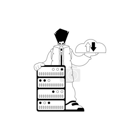 man and server . obscure repositing composition . black and white transmit art. Trendy style, Vector Illustration
