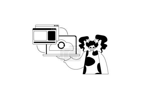 The girl with the browser that synchronizes the datum . Cloud repositing root . black and white line art. Trendy style, Vector Illustration