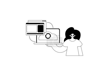 Illustration for The female child with the browser that synchronizes the datum . Cloud repositing beginning . Black and white ancestry artwork. Trendy style, Vector Illustration - Royalty Free Image