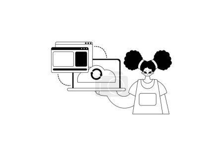 Ilustración de La niña con el navegador que sincroniza los datos. Comienzo de reposición de nubes. arte ancestral en blanco y negro. Estilo de moda, Ilustración vectorial - Imagen libre de derechos