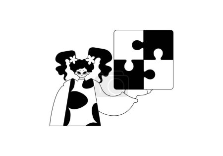 Illustration for Daughter with a puzzle in her hand . black and whiten line art. Trendy style, Vector Illustration - Royalty Free Image