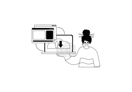 Illustration for The female child with the browser that synchronizes the datum . Cloud repositing beginning . black and white ancestry artwork. Trendy style, Vector Illustration - Royalty Free Image