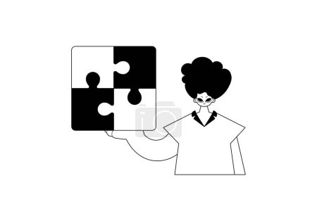 Illustration for Man with a puzzle in her hand . total darkness and white cable art. Trendy style, Vector Illustration - Royalty Free Image