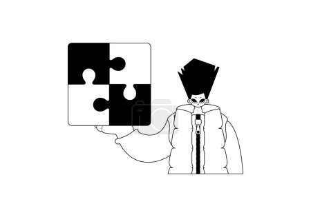 Illustration for Man with a puzzle in her hand . Black and White cable art. Trendy style, Vector Illustration - Royalty Free Image