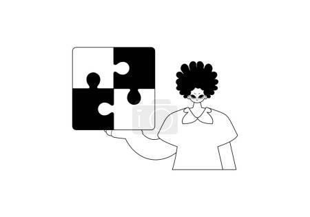 Illustration for Man with a puzzle in her hand . black and White line art. Trendy style, Vector Illustration - Royalty Free Image