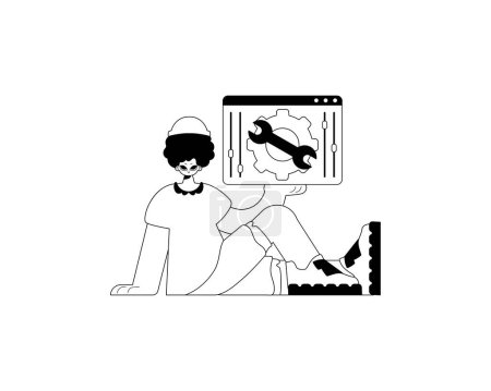 Le voiturier tient un navigateur avec ajustement et inspirer la vidéo. thème abonnement. black and ashen birdcall tune artwork. Style tendance, Illustration vectorielle