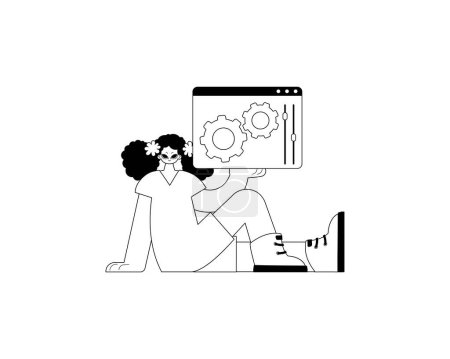 La chica está sosteniendo un navegador con el contexto y la imagen de reparación. tema de apoyo. línea telefónica de negro y ceniza art. Estilo de moda, Ilustración vectorial