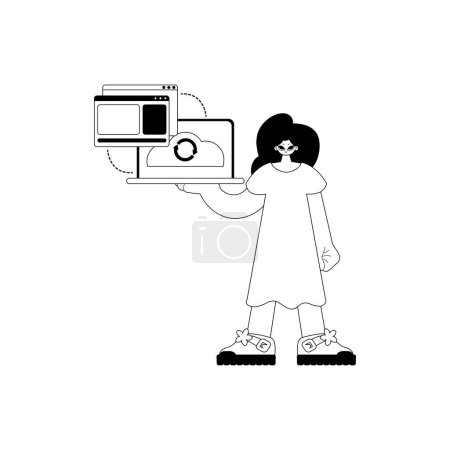 Illustration for The female child with the browser that synchronizes the datum . Cloud repositing beginning . blacken and white ancestry artwork. Trendy style, Vector Illustration - Royalty Free Image