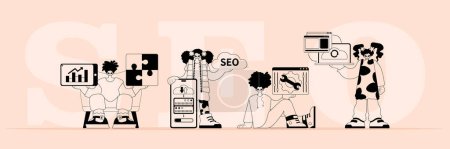 Illustration for A large team that specializes in SEO . trendy exemplification in a linear style. Trendy style, Vector Illustration - Royalty Free Image