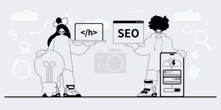 Illustration for A team that specializes in SEO . trendy exemplar in a analogue manner. Trendy style, Vector Illustration - Royalty Free Image