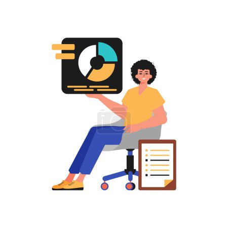 Illustration for The guy sits in a chair and holds a chart with statistic. Trendy style, Vector Illustration - Royalty Free Image