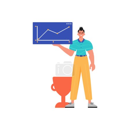 Illustration for The guy holds a graph with positivist moral exponent in his workplace impel. Trendy style, Vector Illustration - Royalty Free Image