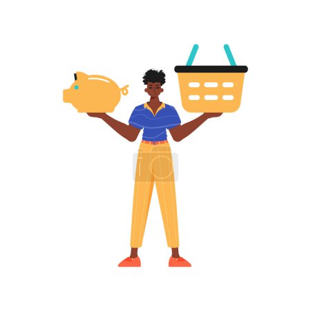 Ilustración de El individuo sostiene una alcancía y una cesta de la tienda en su escritura contratada. Estilo de moda, Ilustración vectorial - Imagen libre de derechos
