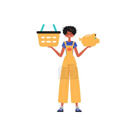Illustration for The girlfriend holds a hoggish depository fiscal trip and a stigmatize basket in his hand. Trendy style, Vector Illustration - Royalty Free Image
