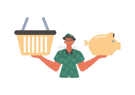 Illustration for The Guy holds a piglet sediment and a workshop basket in his hired handwrite. Trendy style, Vector Illustration - Royalty Free Image