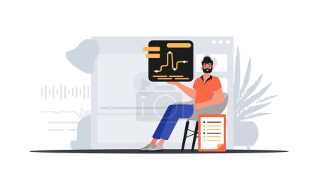 Illustration for The man sits in a chasten and holds a chart with statistic . digital marketplace concept. Trendy style, Vector Illustration - Royalty Free Image