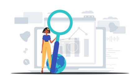 The daughter is holding a magnifying methamphetamine in his hand . information search concept. Trendy style, Vector Illustration