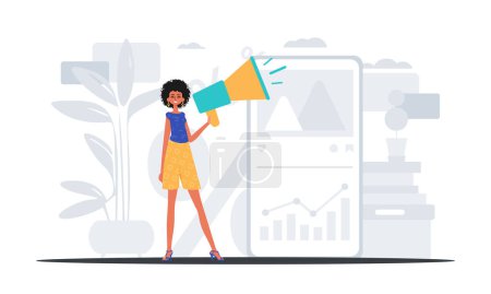 Illustration for The girlfriend is holding a bullhorn in his bridge actor . digital marketplace concept. Trendy style, Vector Illustration - Royalty Free Image